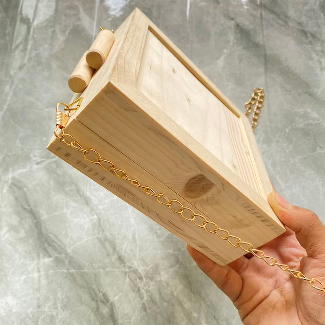 Wooden Square box clutch with chain