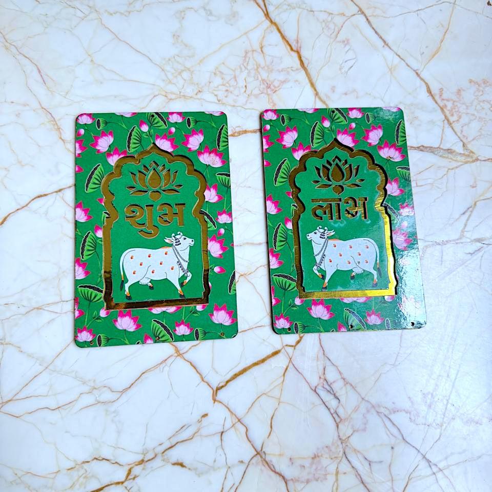 Shubh Labh Pichwai Cow Wall Hanging Pair - Rectangle