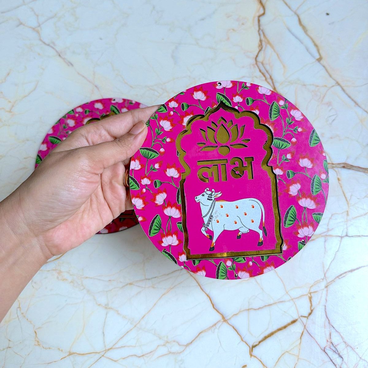 Shubh Labh Pichwai Cow Wall Hanging Pair - Round